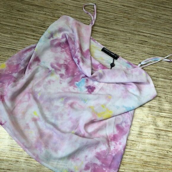 B-122 Endless Summer Maya top Pink White Tie Dye Spaghetti Strap Drape Neck sz S - Picture 1 of 3